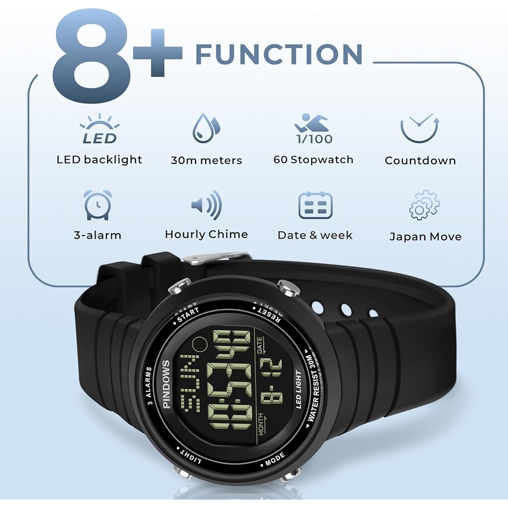 PINDOWS Women's Digital Sports Watch 30m Waterproof LED Backlight 3 Alarms Stopwatch Countdown Timer