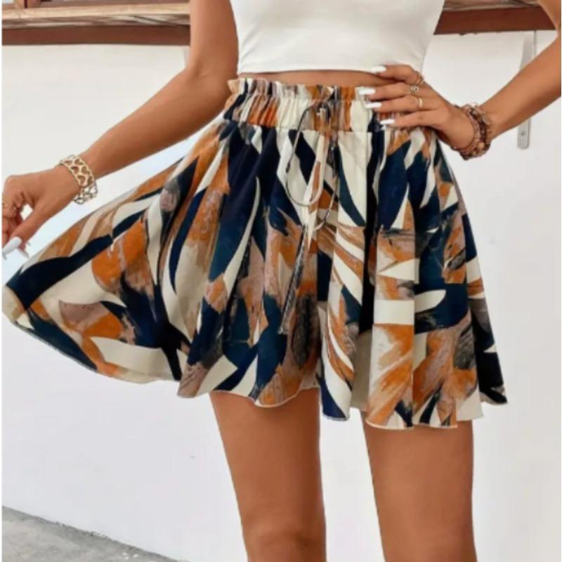 VEZFAA Women s Fashion Casual Colour Block Print  High Waist Sport Shorts S хаки