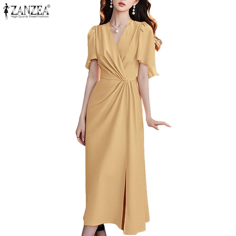ZANZEA Women Casual V-Neck Summer Short Sleeve Long Dress