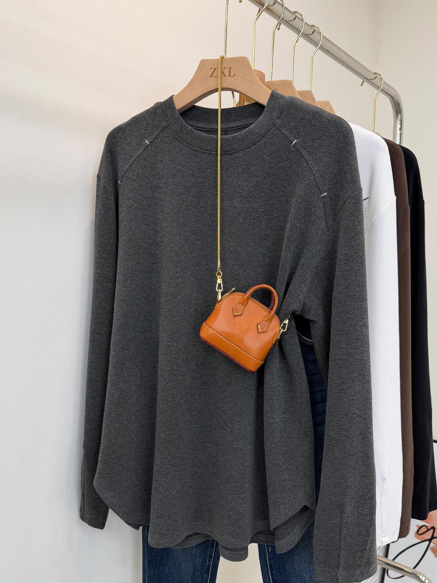 

Women s 2026 Brushed Round Neck T-Shirt with Elastic Contrast Stitching - Oversized, Slimming, Mid-length Base Layer L