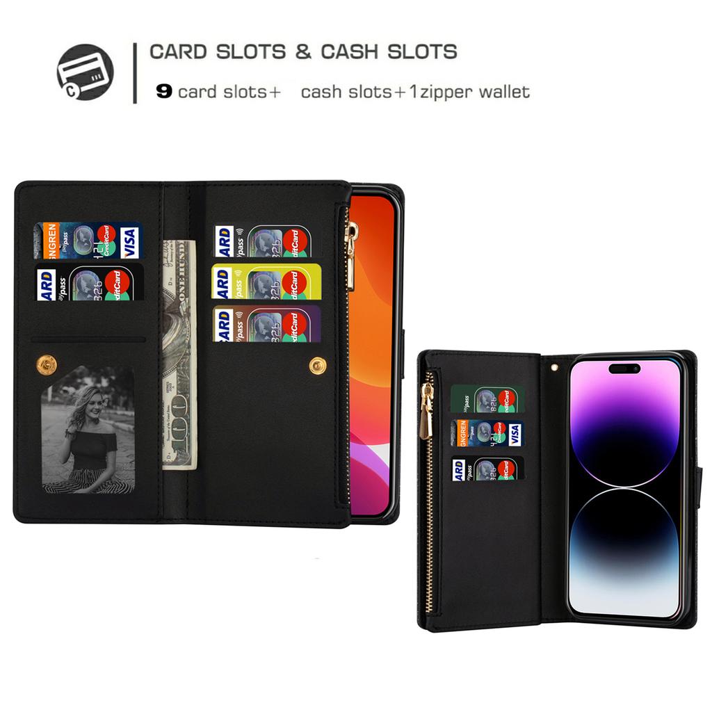 For iPhone 15 Zipper Wallet Stand Phone Case PU Leather Glittery Laser Carving Phone Cover