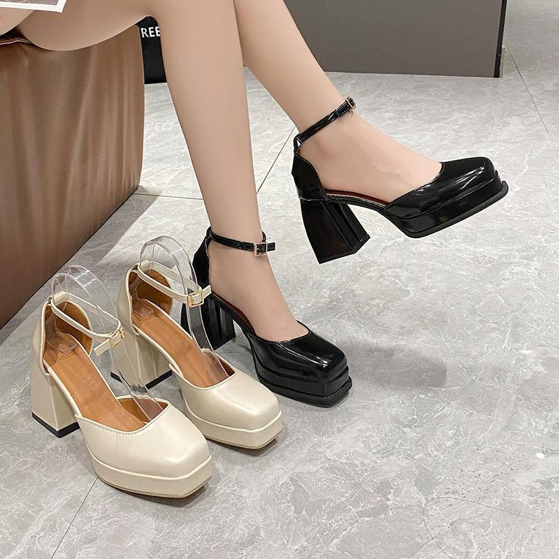 Large Size Women's Shoes 2025 Wide Fat Summer New Single Shoes Thick Heel High Heels Sandals French Mary Jane Small Leather Shoes