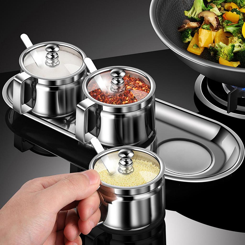 Kitchen Storage Bottle Ghee Container 500ml Stainless Steel Canister Ghee Pot With Lid&Spoon For Tea Sugar Salt Oil Seasoning
