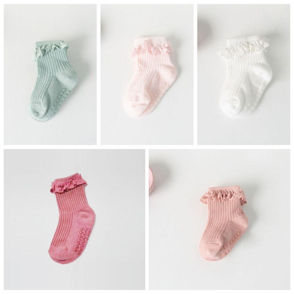 5 Paar Süße Baumwoll-Baby-Rüschensocken Rutschfest Spitze Kinder Kniestrümpfe Säugling Neugeborenes Kleinkind Laufschuhe Prinzessin