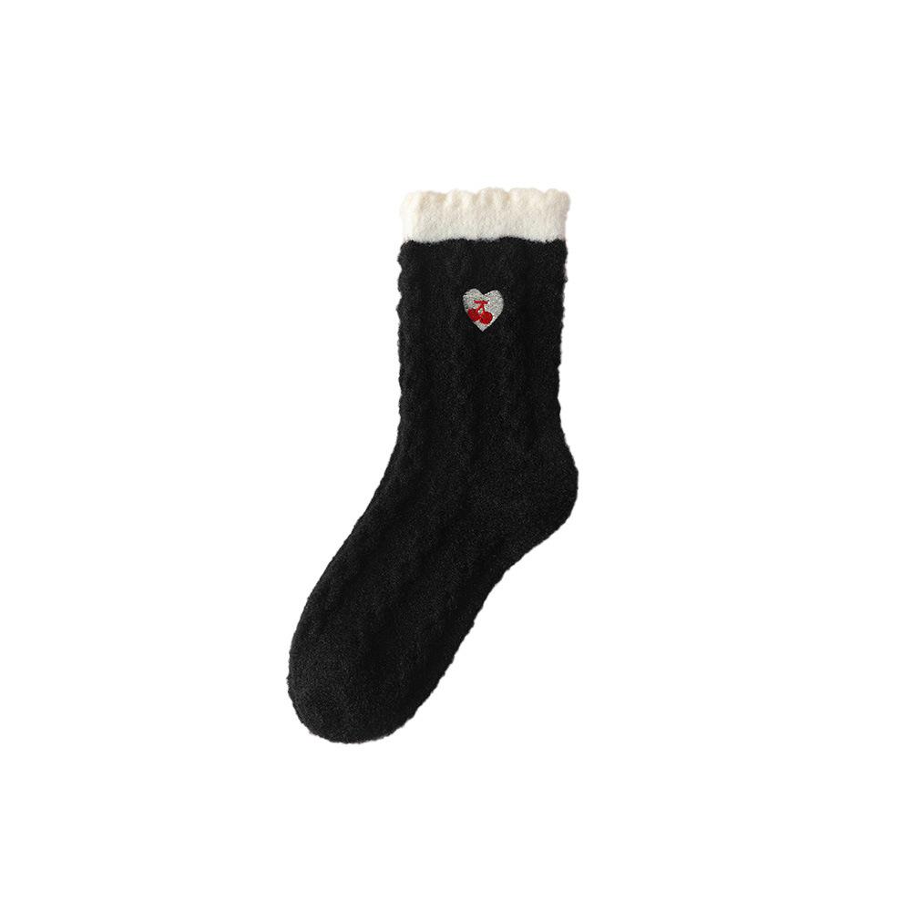 Lace Embroidered Heart-shaped Cherry Mid-calf Socks for Warm Autumn and Winter, Thickened Postpartum Socks, Dui Dui Socks