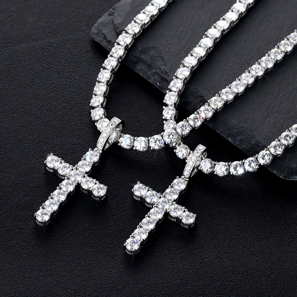Ready to Ship 925 Silver Iced Out 5mm Round Brilliant VVS Moissanite Cross Pendant Hip Hop Style Gold Plated Men's Fine Jewelry