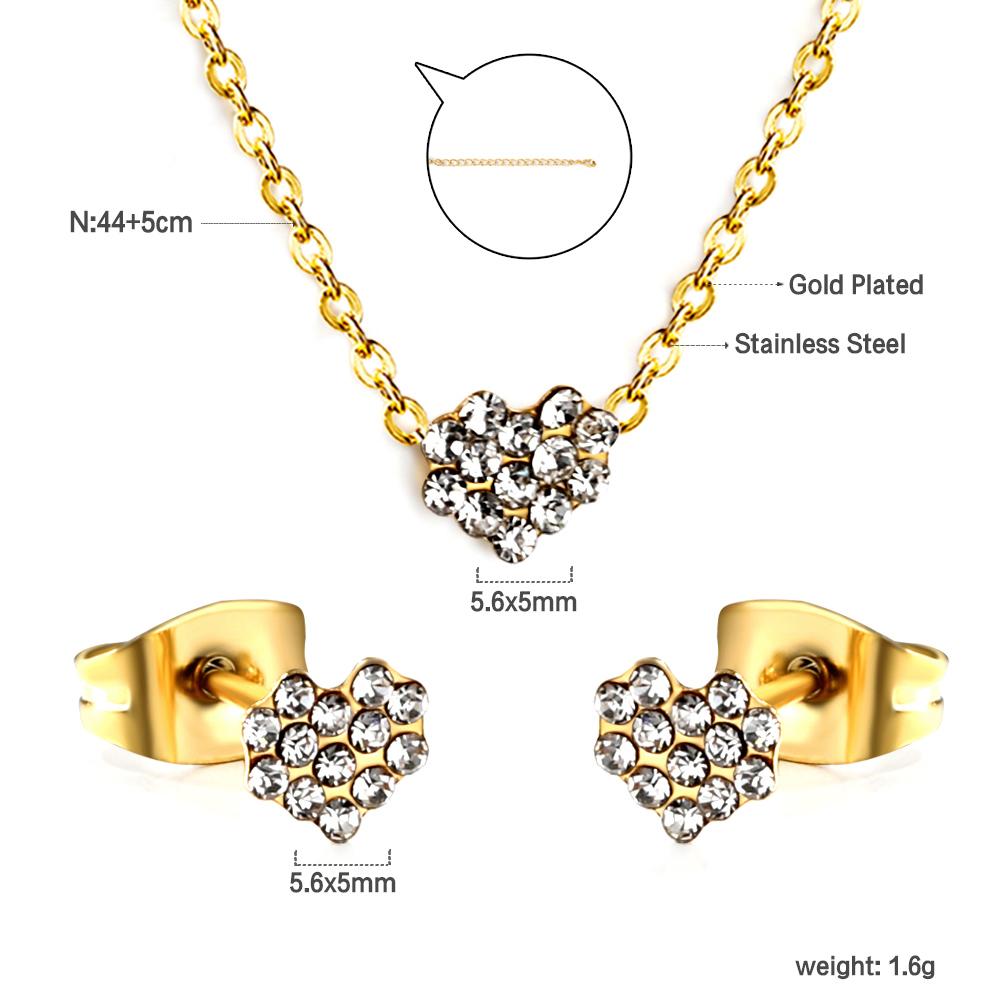 Fashion Bridal Gold Stainless Steel Pendant Necklace Earrings Jewelry Set for Women Plated18k Gold Necklace and Studs Earrings