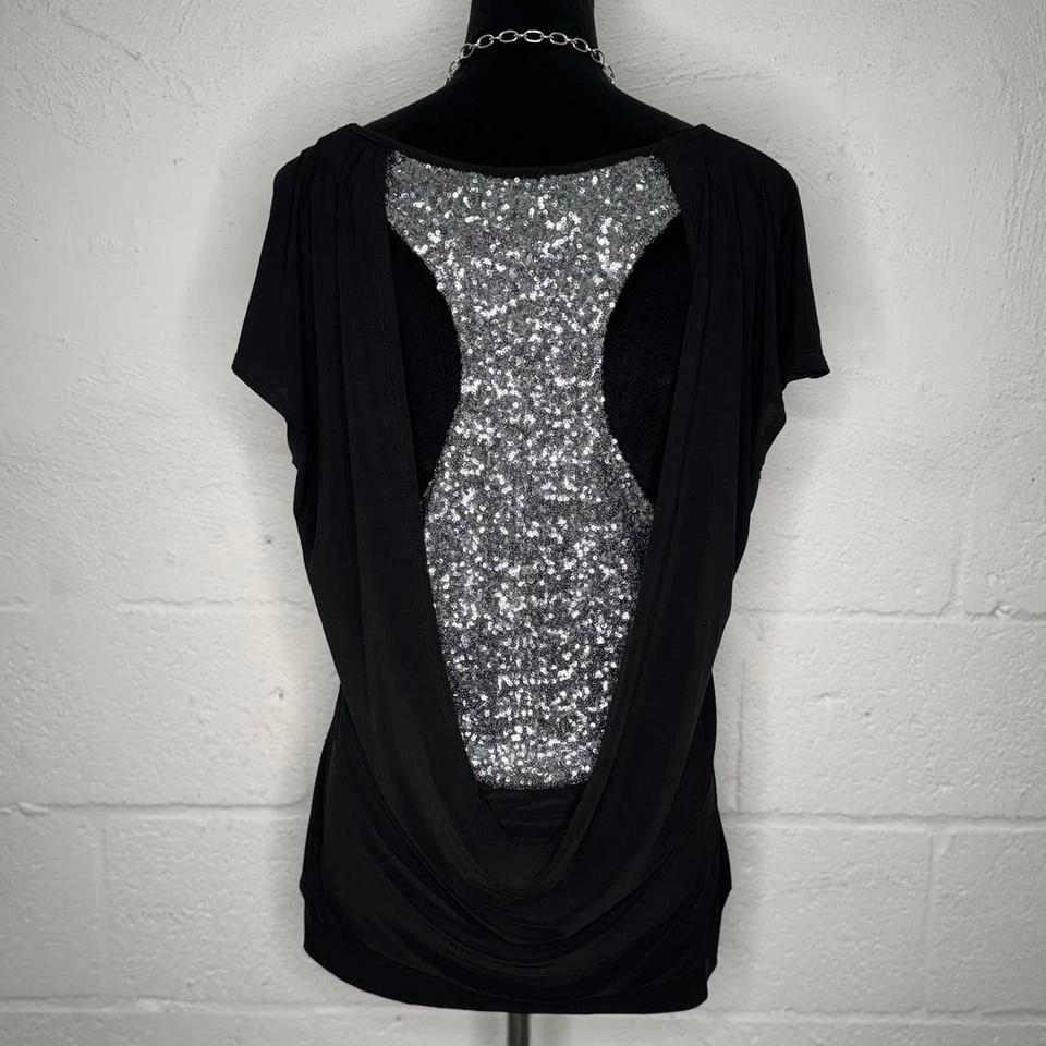 

Y2K Revolution Black & Silver Sequin Low Back Cowl Cutout Blouse -size XL S
