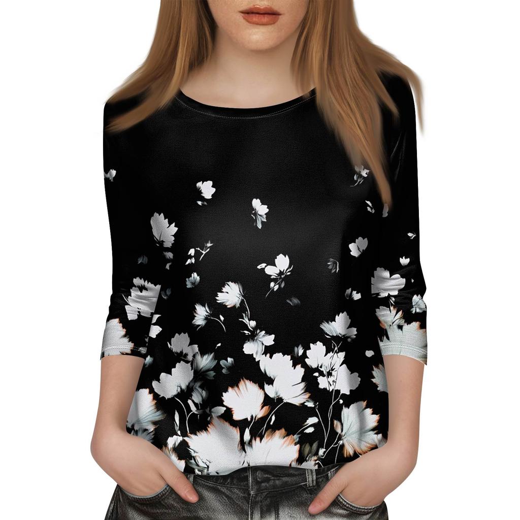 Women's Fashion Casual Seven Sleeve Printed Round Neck T-Shirt Top