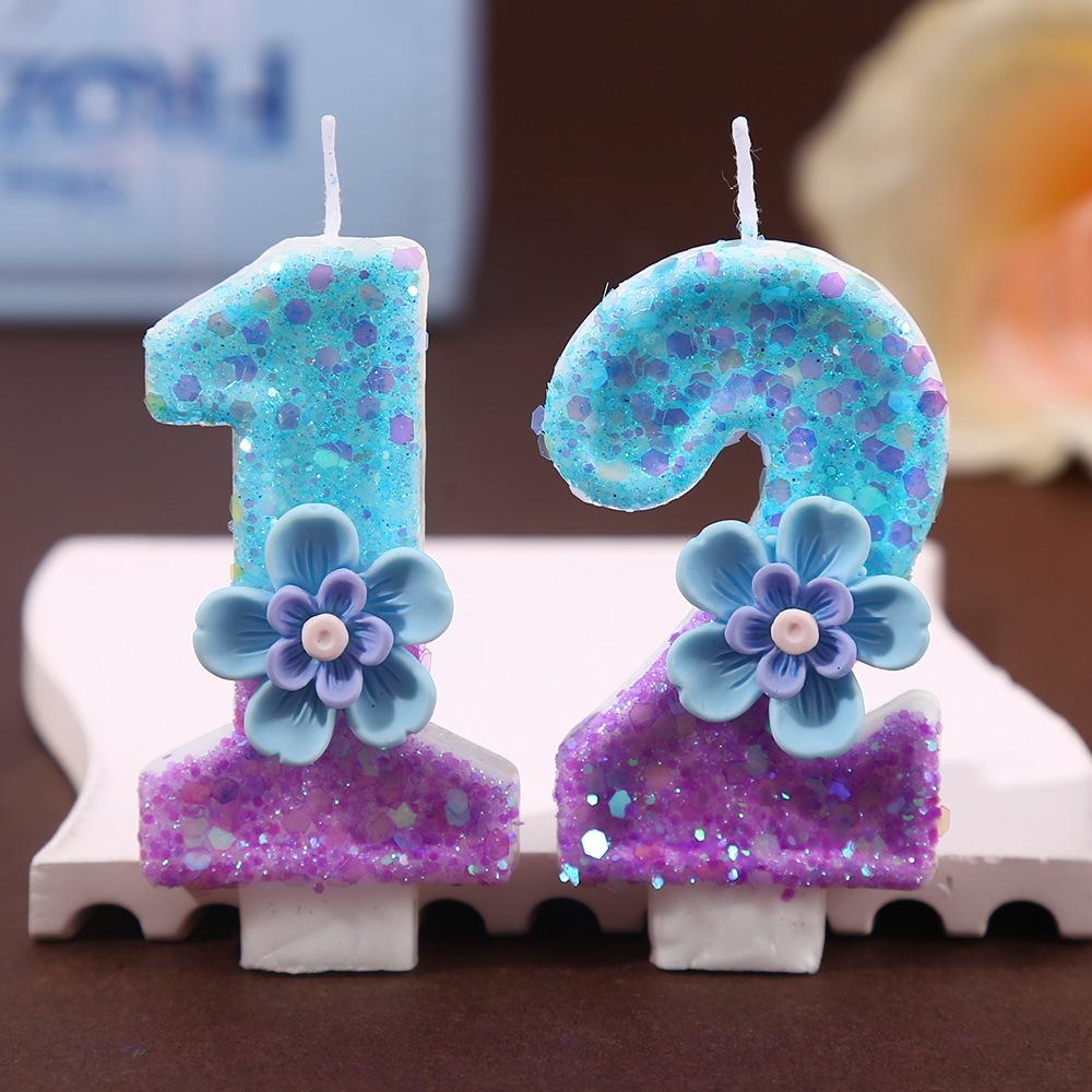 7pcs Blue Purple Flower Birthday Number Candles,Flower Theme Party Decorations, Cupcake Decorations,Suitable for Party Celebrati