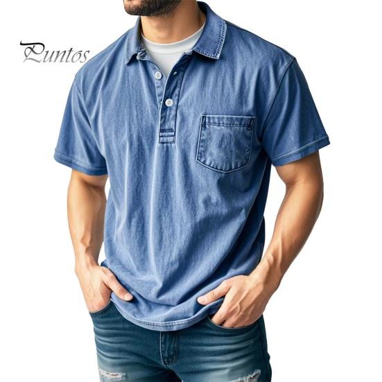 

Мужская футболка с потертыми лацканами, повседневная футболка с коротким рукавом, летняя футболка с воротником на пуговицах и карманом для работы, повседневной носки на улице S синий