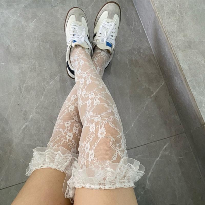 Womens Japanese Sheer Flower Lace Fishnet Thigh High Stockings Sweet Layered Ruffle Trim Frilly Over Knee Long Socks