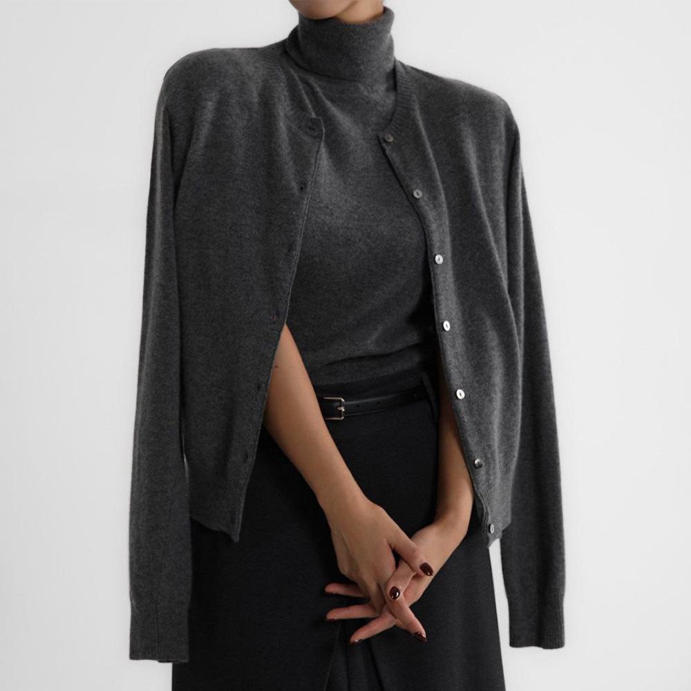 European-American High Neck Knit Sweater Cardigan Set for Spring/Autumn 2026 - Women's Long Sleeve Top + Cardigan