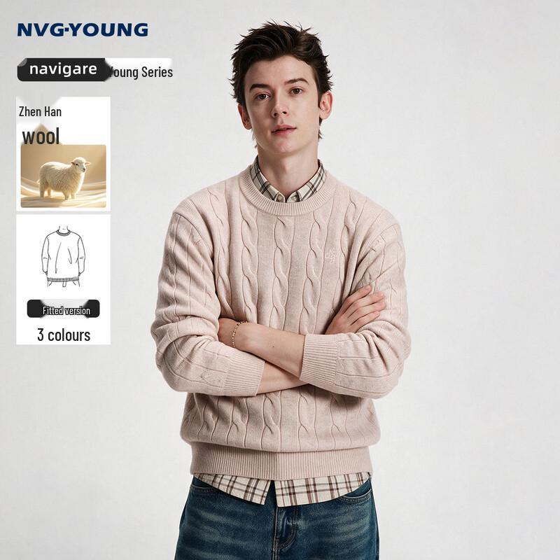 Navigare Men's Wool-Blend Crew Neck Cable Knit Sweater