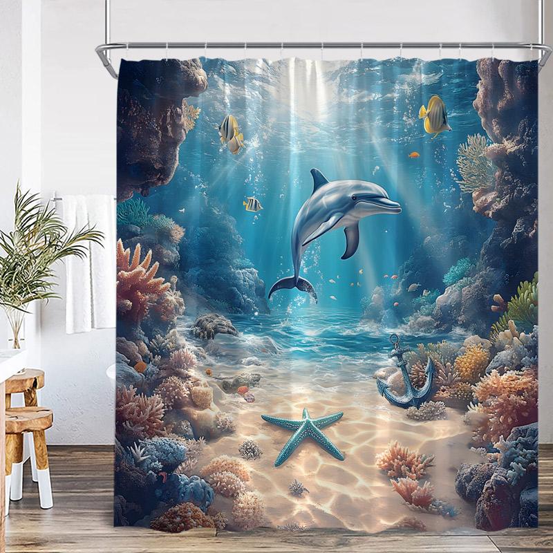 Ocean Dolphin Sea Turtle Shower Curtains Rainbow Waterfall Flowers Octopus Tropical Fish Seabed Scenery Bathroom Curtain Decor