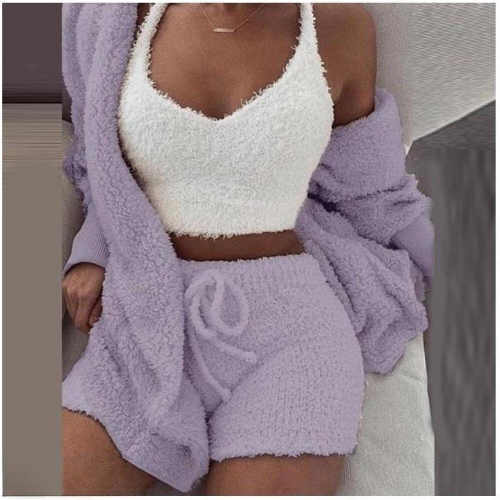 Women's Loose Fit Three Piece Loungewear Long Sleeve Fuzzy Cardigan V Neck Tank Drawstring Waist Shorts Winter Solid Tracksuit