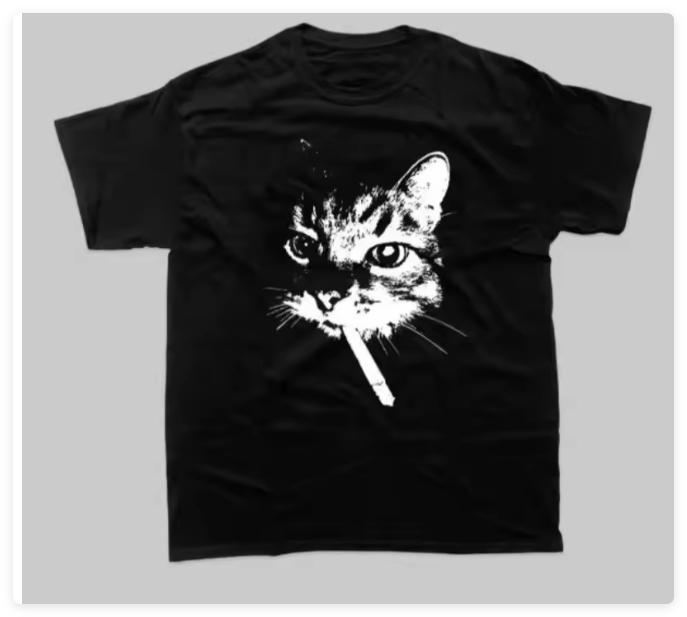 

American Street Smoking Cat Unisex TShirt Queens of The Stone Age Retro Printed Tshirt Unisexs Loose Short Sleeves Daily Wear S