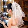 1 pièce Voile de mariée court bord dentelle Élégant nœud Perle Accessoires de mariage Double couche Tulle blanc pour femmes