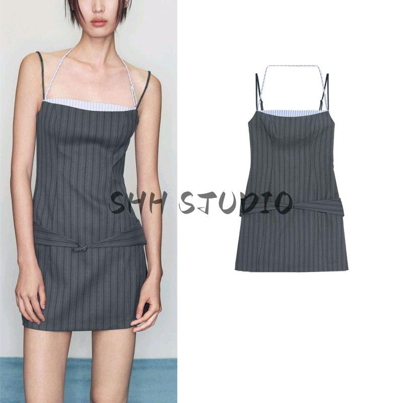 Fall New Women's Clothing French Style Straight-leg Collar Sleeveless Sling Contrast Color Stripes Patchwork Dress 8577148
