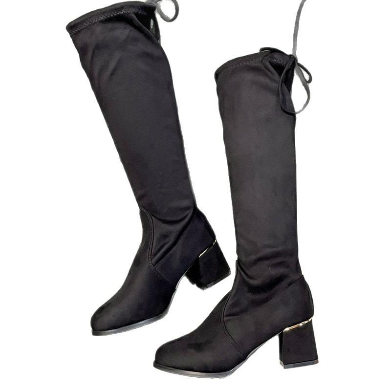 Damen Überweite Schwarze Stretchstiefel, Wildleder Klobiger Absatz Kniehohe Stiefel, Europäischer Streetstyle Stiefeletten für Damen