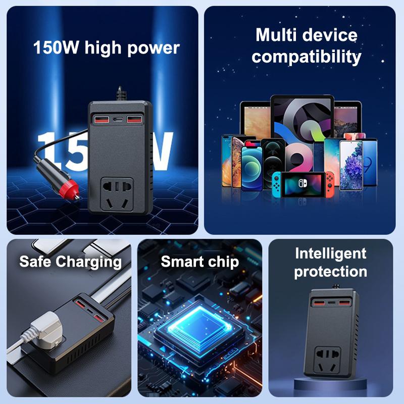 Universal 150W Car Inverter Dc 12V/24V To 110V/220V Auto Power Converter Adapter Usb Type C Chargers Car Inverter For Iphone