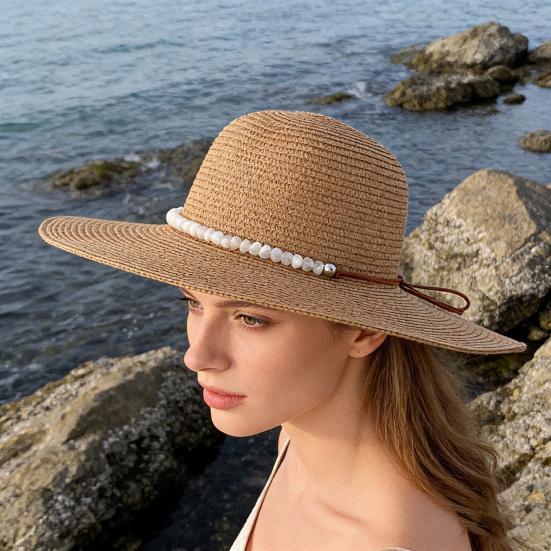 Beach Hat with Imitation Pearl Accents Full Face Sun Protection Flat Top Large Brim UV Blocking Summer Straw Hat