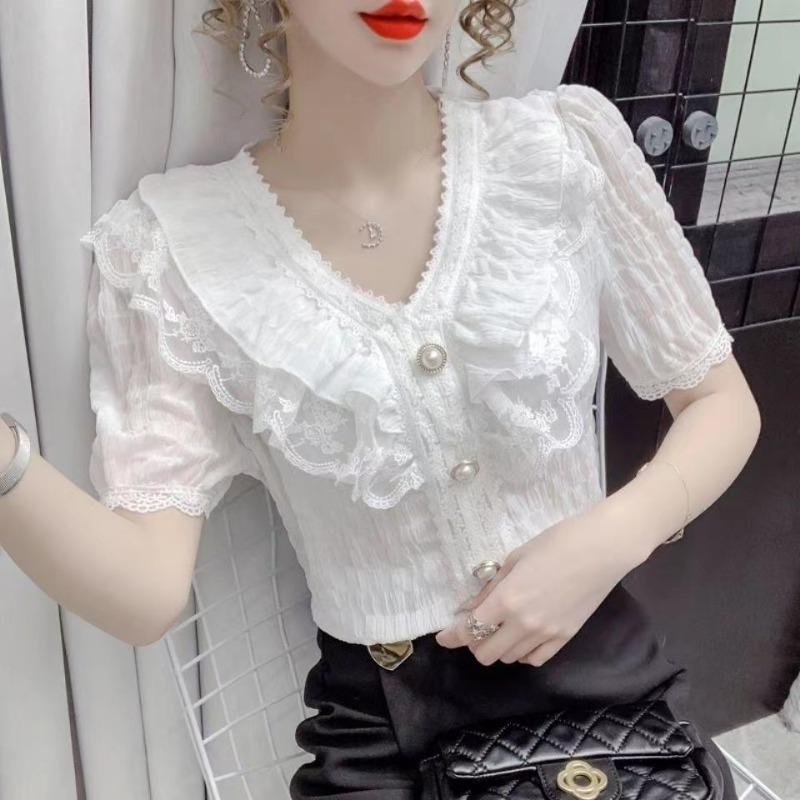 Korean Chic Ruffle Blouse Women Shirt White Chiffon Lace Blouse Sweet V-neck French Vintage Palace Style Short Sleeve Tops