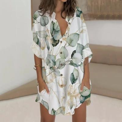 Summer Women Dress Turn-down Collar V Neck Lapel Long Sleeve Pockets Floral Print Loose Single-breasted Casual Loose Daily Wear Dating Mini