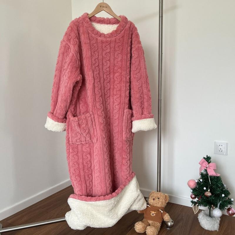 Coral Fleece Jacquard Nightgown Winter Pajamas Warm Homewear Nightdress