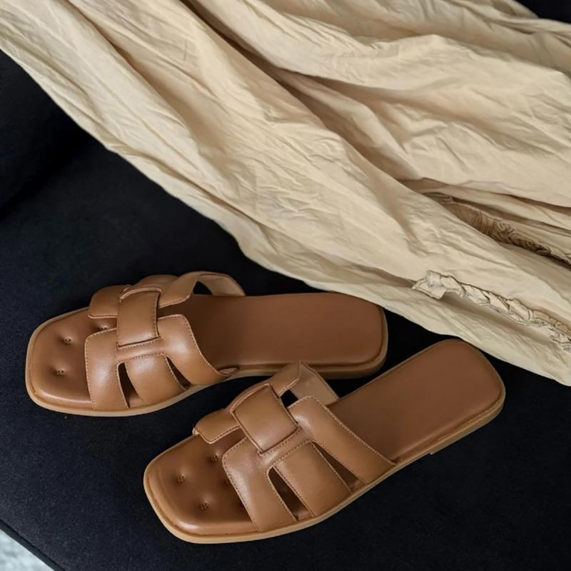Sheepskin version~ Simple woven flat-bottomed one-word slippers for women's versatile and comfortable beach casual cool slippers