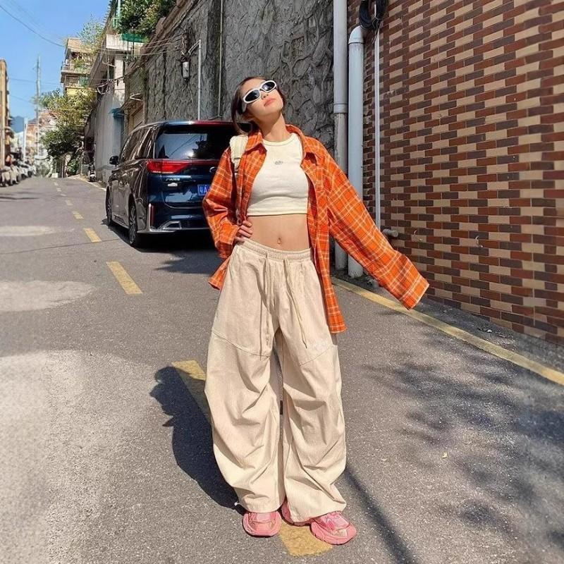 Womens High-Waisted Wide-Leg Cargo Pants With Pleats Stripes Loose Fit Casual Trousers Jazz Dance