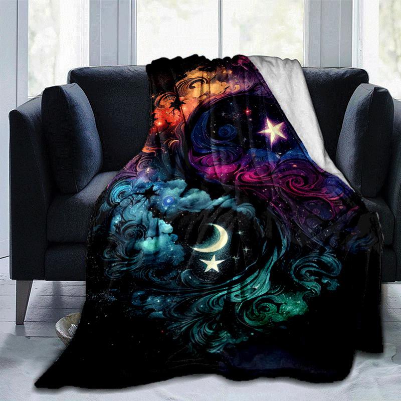 1pc Moon and Stars Printing Lightweight Flannel Blanket, Comfortable and Warm Blanket, for Camping Sofa Bed and Couch Office, Suitable for Gi