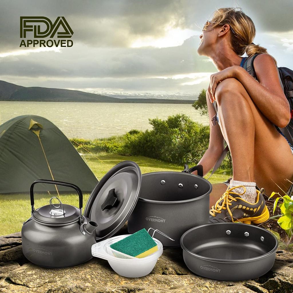 Overmont DS-300 Aluminium Kochgeschirr-Set, Outdoor Topf und Wasserkocher, Camping Kochgeschirr, Aufbewahrungstasche inklusive, Geeignet für 2-3 Personen