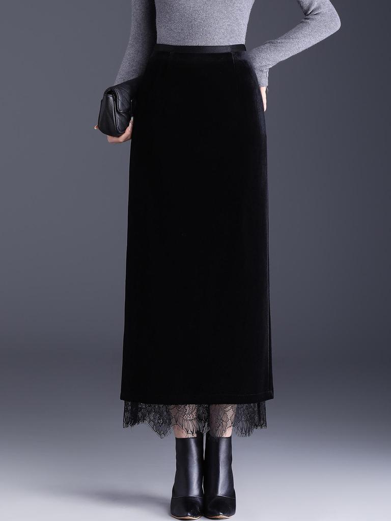 Lace-Trimmed High-Waist Slimming Midi Pencil Skirt with Slit (Winter 2025)