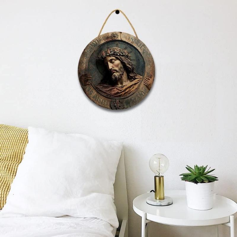 Religious Wall Decor Jesus Christ Artwork Wooden Painting Wall Art Pictures Rustic Wall Hanging Wooden Home Sign Wall Decor Poster with Rope for Livin
