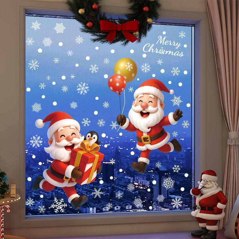 Christmas Static Window Stickers Santa Reindeer Snowman Snowflake Xmas Glass Decals Removable Christmas Home Window Decor Clings