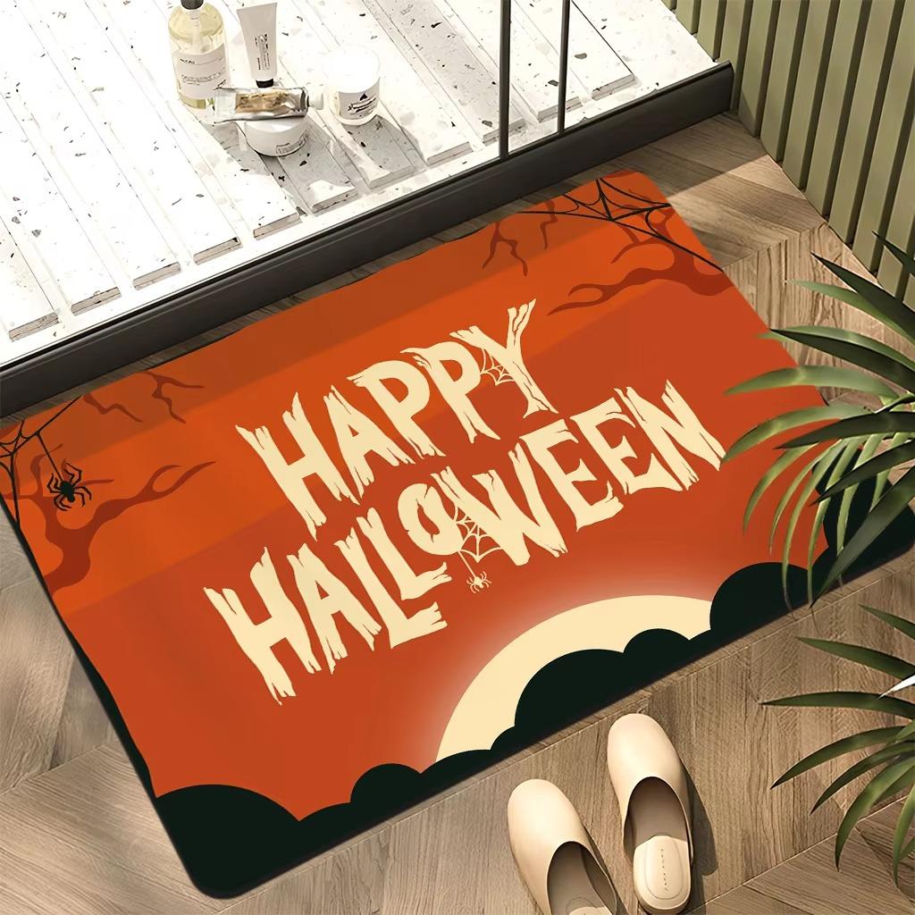 Halloween Themed Door Mat With Cute Spooky Patterns Like Pumpkins Bats Spider Webs Cartoons Non Slip Vibrant Entrance Rug
