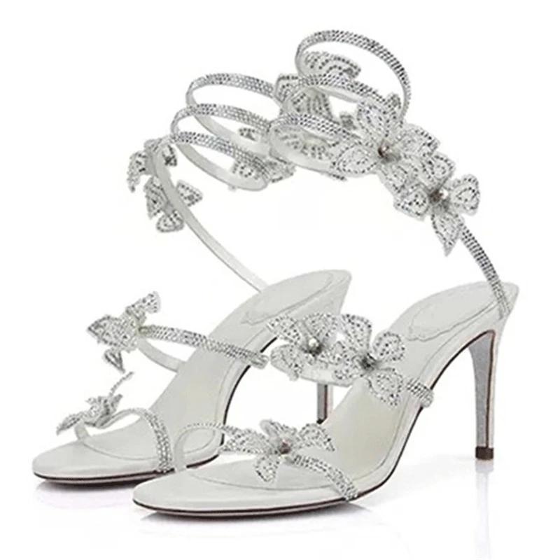 Aneikeh Summer Sexy CRYSTAL Flower Toc subțire Sandale de femeie Street Style Cu vârf deschis Bandă îngustă Curea la gleznă Pantofi de bal pentru banchet