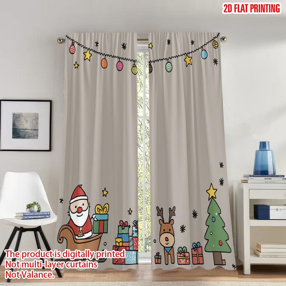 

Set Of 2 Flat Printing Christmas Scene Curtains Santa Claus Reindeer Gifts Digital Printed Polyester Drapes Party Made W100*H70(CM)-Hooks&2PCS