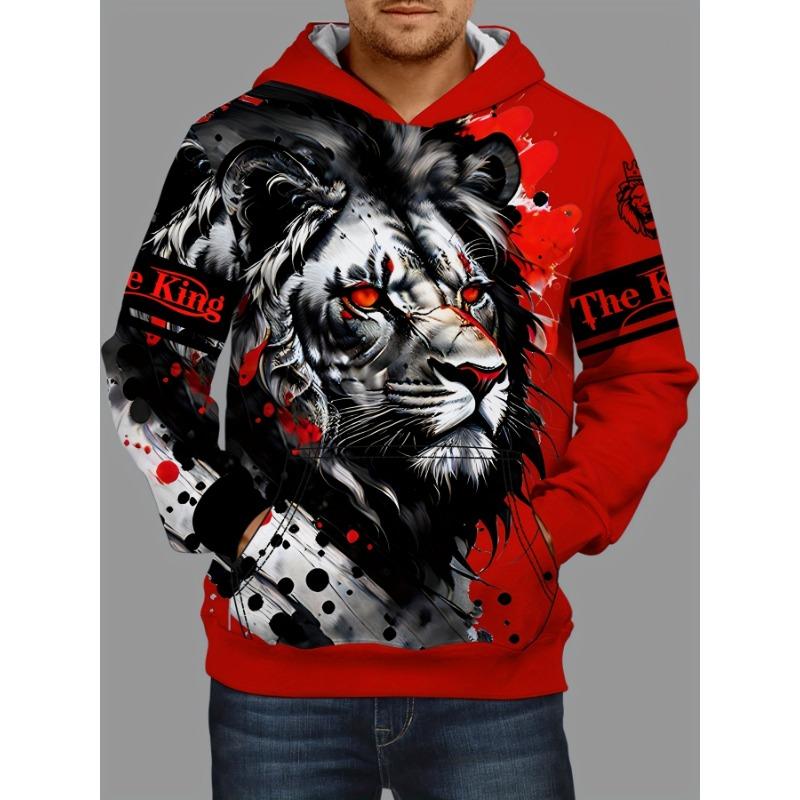 Lion 3d Print Hoodies For Men, Graphic Hoodie With Kangaroo Pocket, Comfy Loose Trendy Hooded Pullover, Mens Clothing For Autumn
