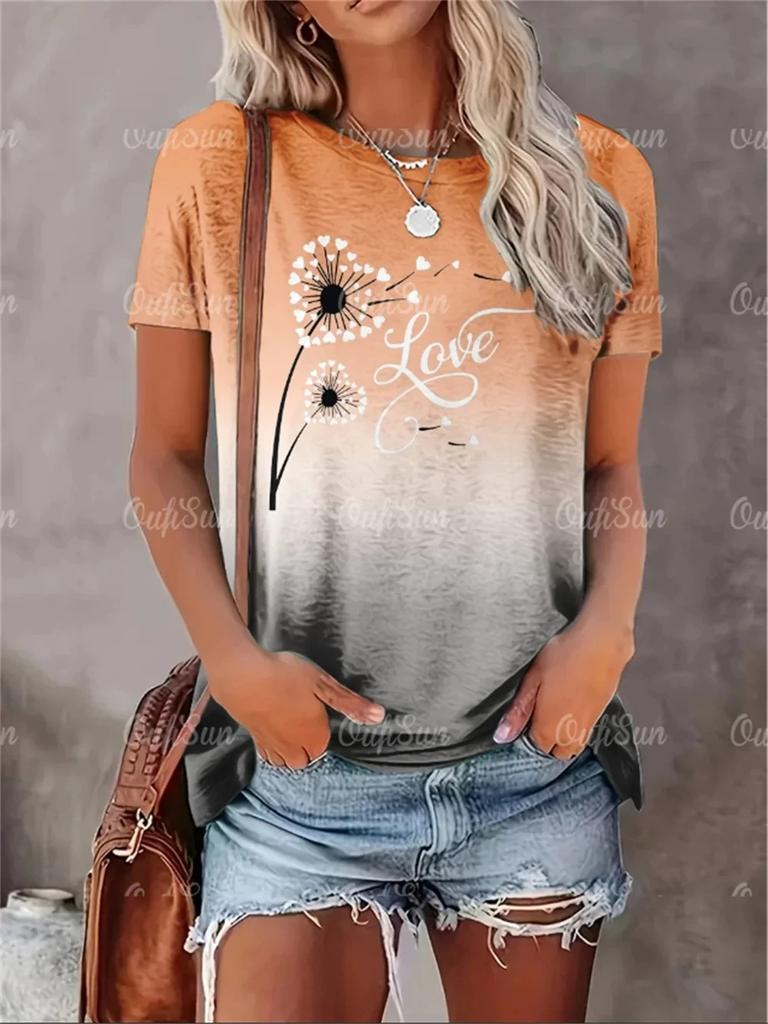 New Style T-Shirt For Women Heart Print Top Fashion Women's Oversized Clothes Tees Summer Crew Neck Blouse Original Design