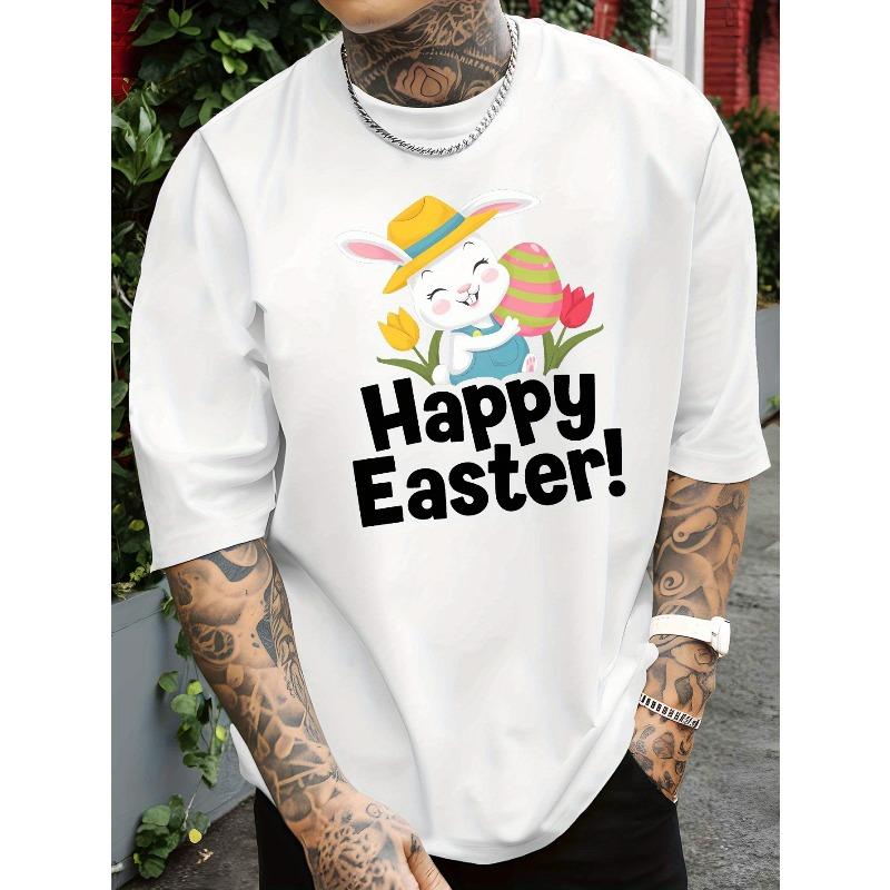 European Size Men's Easter Bunny & Egg Print Short Sleeve T-Shirt - Lightweight Breathable Round Neck Summer Top with Rabbit & Egg Pattern
