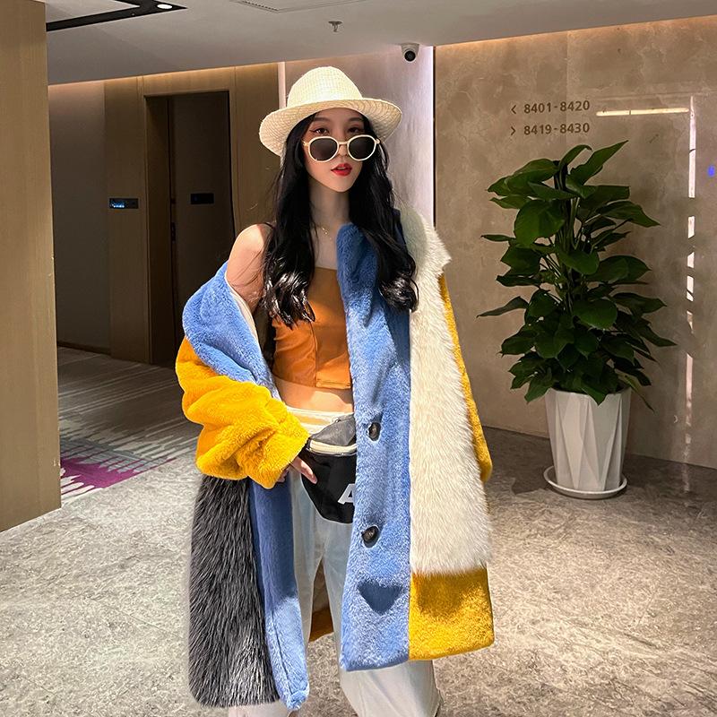 Winter Women's Coat Fashion Trend Color Collision Lapel Large Outerwear