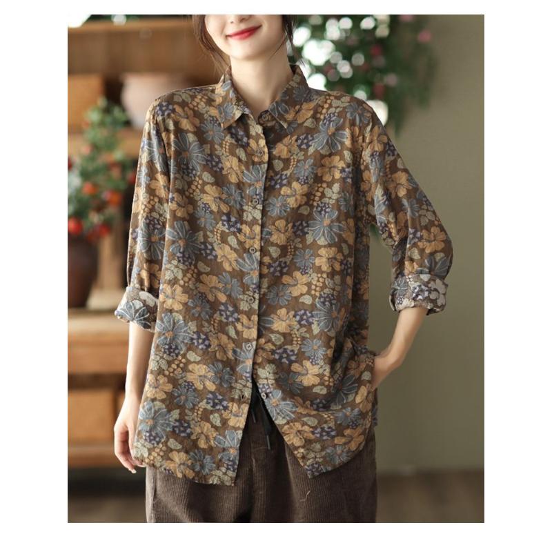 Damen Retro Blumenprint Oversized Langarmhemd Locker Lässig Knöpfe Bluse