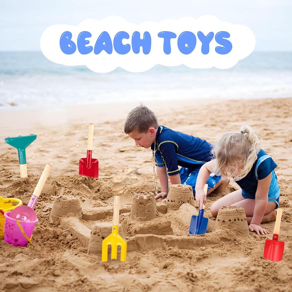 Beach Toys, 6 Pcs Kids Gardening Set, 8'' Kid Metal Sand Toys Sandbox Toys with Sturdy Wooden Handle, Children Beach Sand Toys Gardening Set, Beach