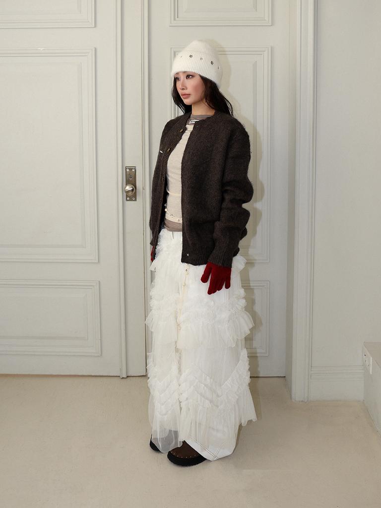 MEENDERI Flower Eyelet Angora Beanie - White