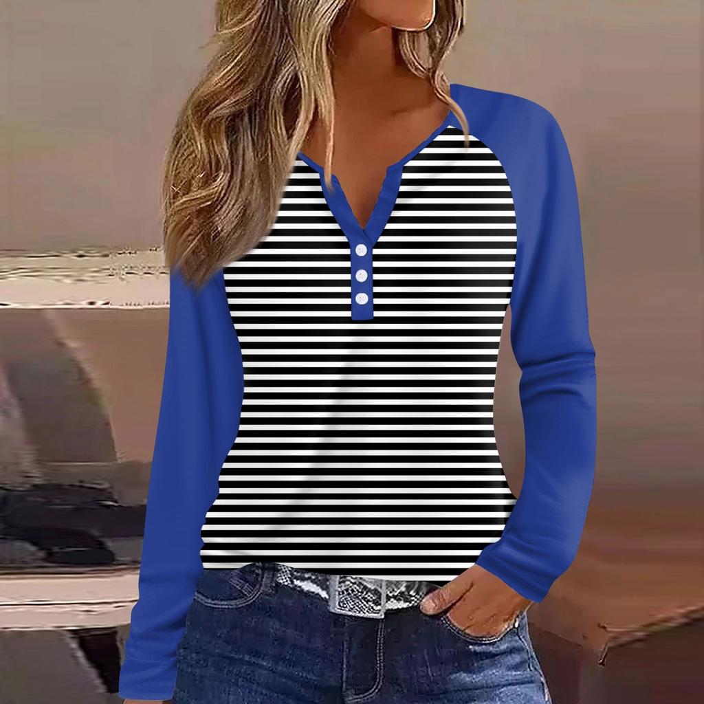 Dámské tričko s potiskem, knoflíky, dlouhý rukáv, denní, víkendová móda, základní, výstřih do V, běžný top