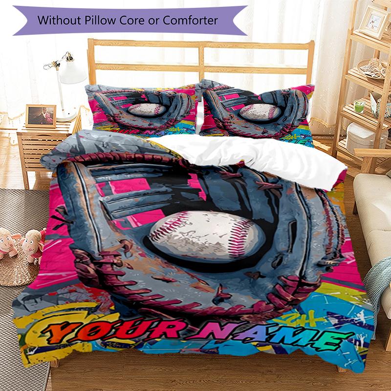 3PC Custom Name Baseball Glove Ball Bedding Set Duvet Cover Closure Includes 1 Duvet Cover & 2 Pillowcases for Bedroom
