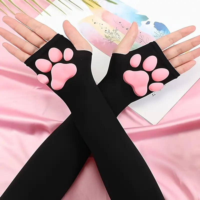 Cute 3D Silicone Pink Cat Claw Paw Pads Soft Fingerless Fluffy Sun Protection Cool Sleeves Cute Gloves Long Tube for Women