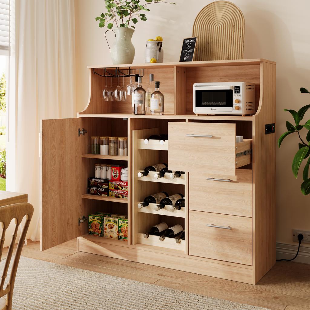 Sideboard, Restaurant Bar with LED, Sockets, Glass Holder, Wine Rack, Multi-Layer Storage, Suitable for Use In Restaurants and Kitchens